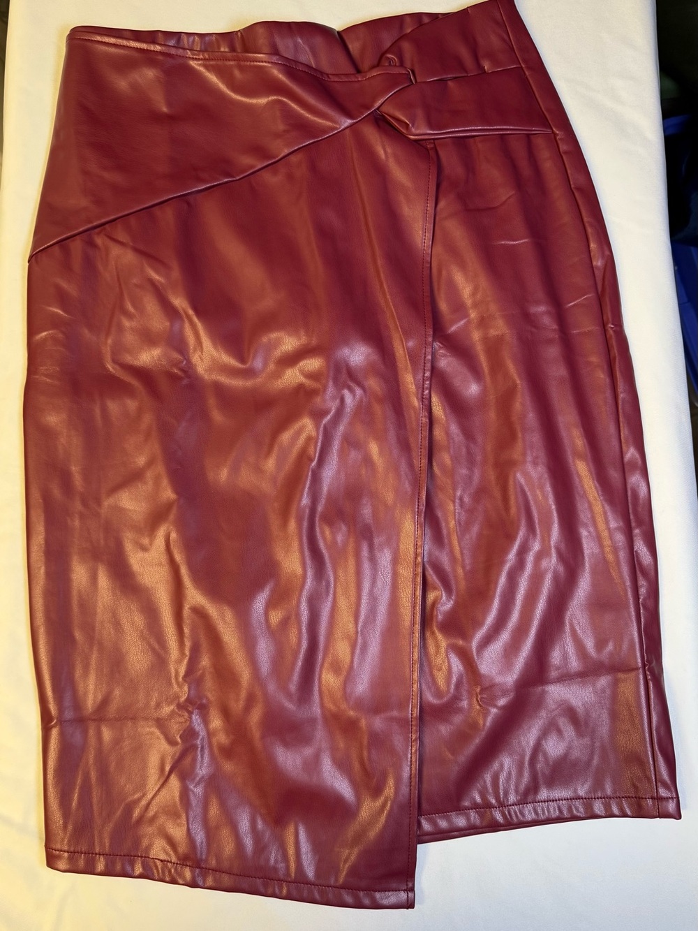 Faux Leather Midi Skirt in Burgundy with Front Wrap Detail
